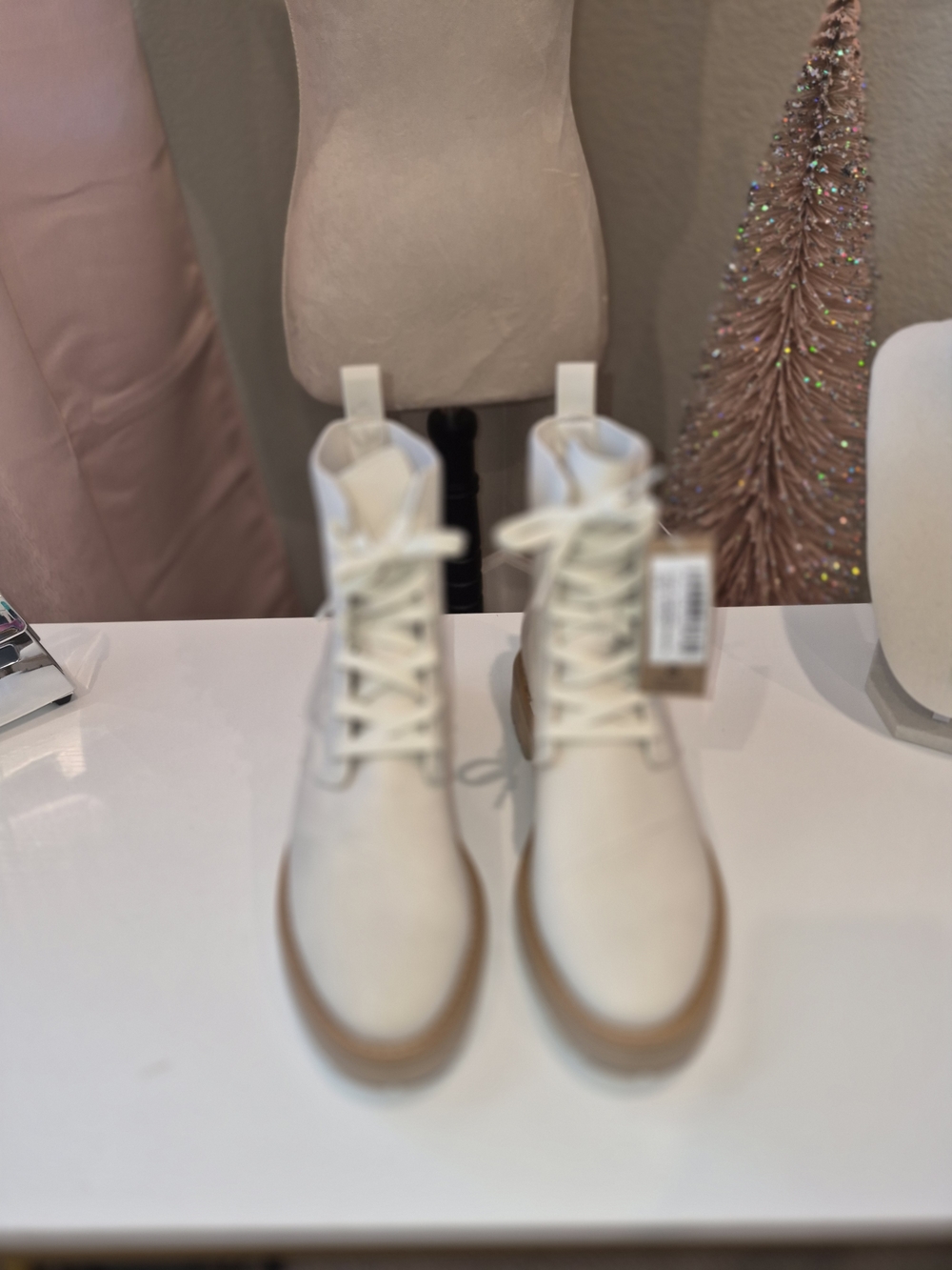 White Mountain Cream Lace-Up Ankle Boots with Tan Soles